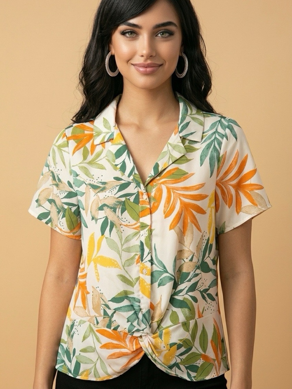 Floral Tie-Front Short Sleeve Blouse - Cream with Green & Orange Leaf Print